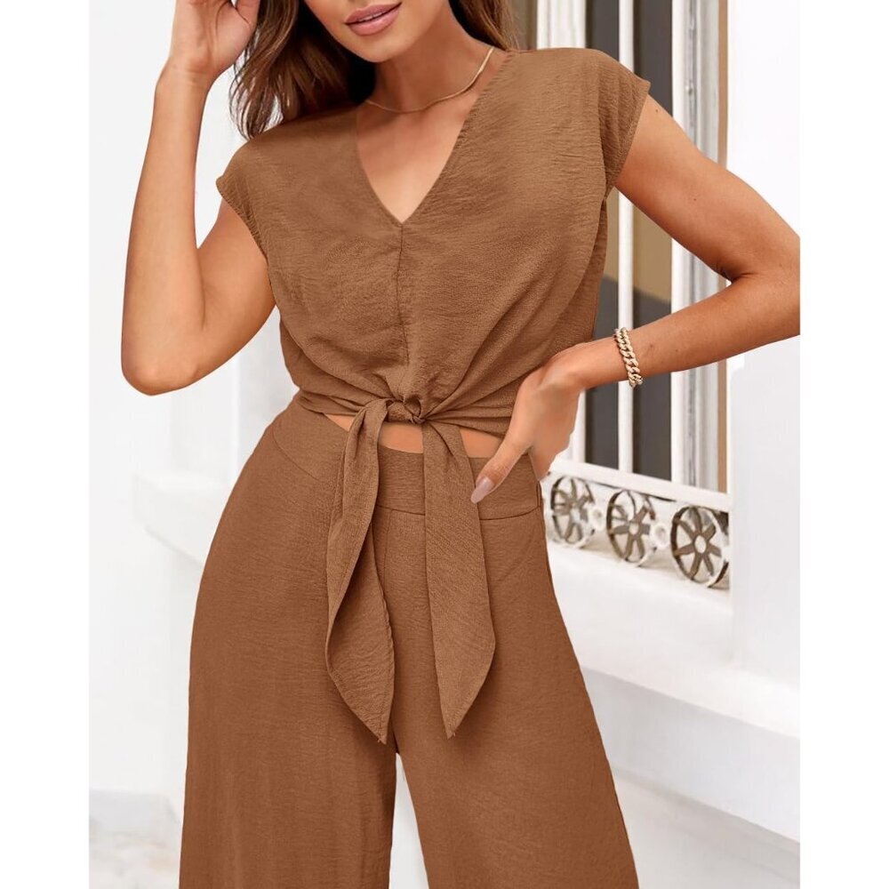 Women's 2 Piece Summer Outfits Polyester V Neck Crop Top Wide Leg Pants - Picture 4 of 7